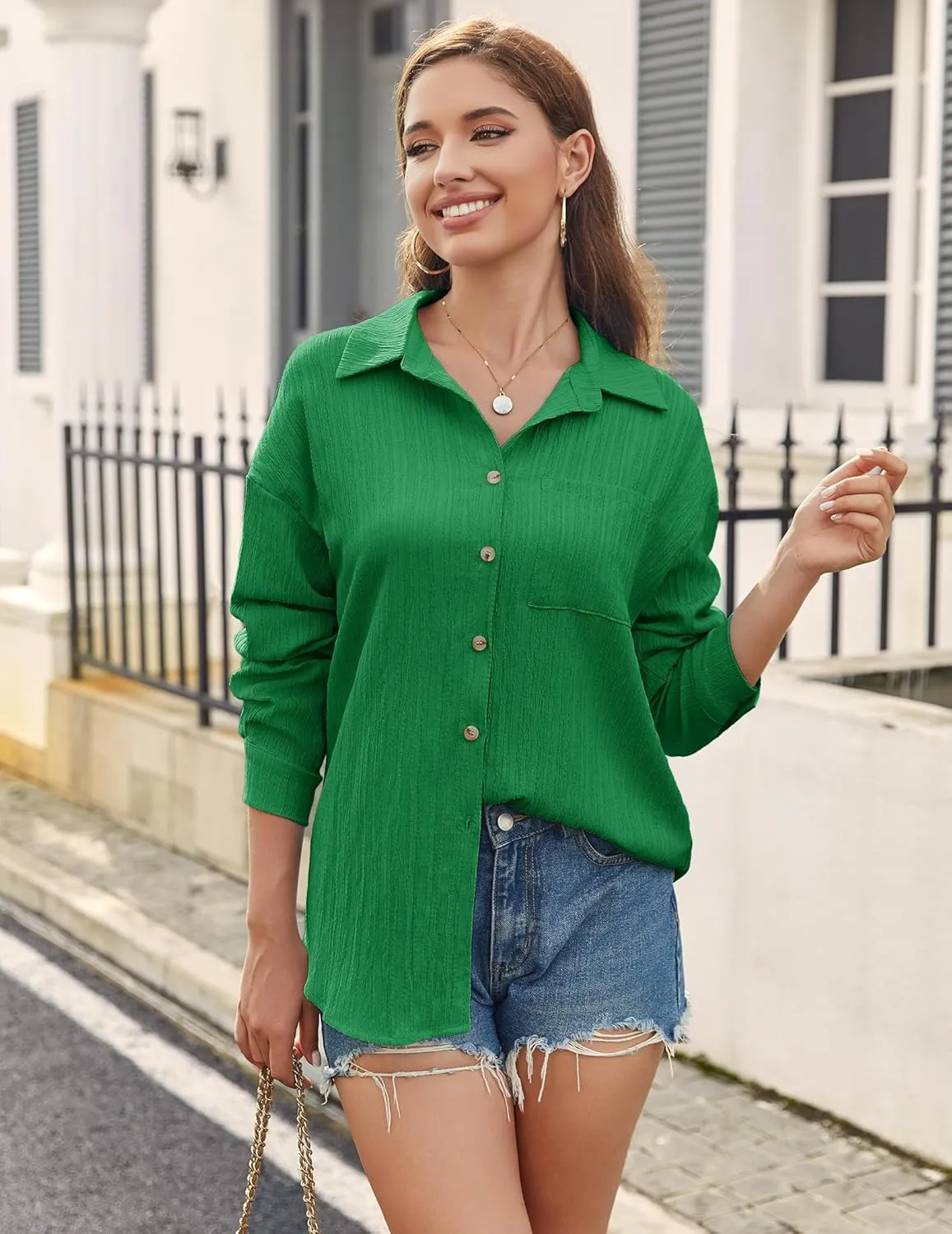 Zeagoo Womens Button Down Shirts Casual Long Sleeve Blouses V Neck Dress Shirt Textured Collared Work Tops with Pocket