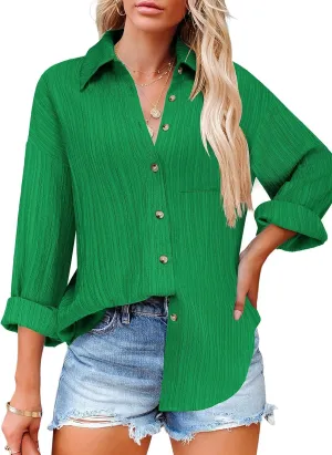 Zeagoo Womens Button Down Shirts Casual Long Sleeve Blouses V Neck Dress Shirt Textured Collared Work Tops with Pocket